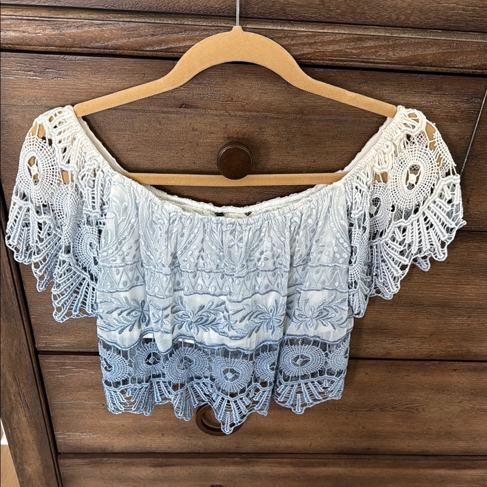 Elegant White and Blue Lace Off-Shoulder Top